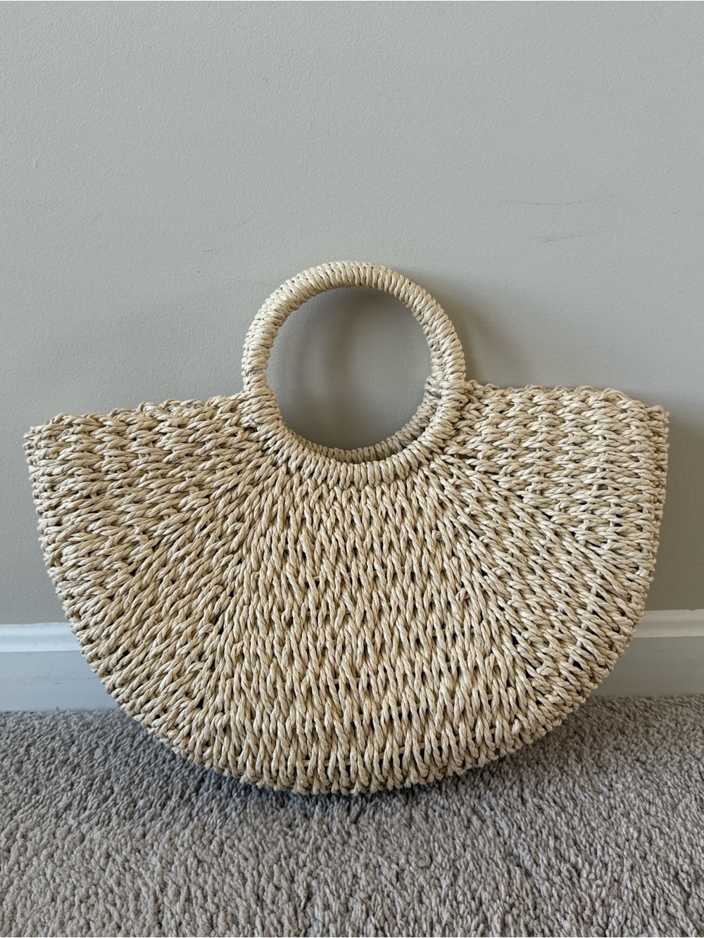 Woven Straw Circle-Handle Tote Bag in Natural